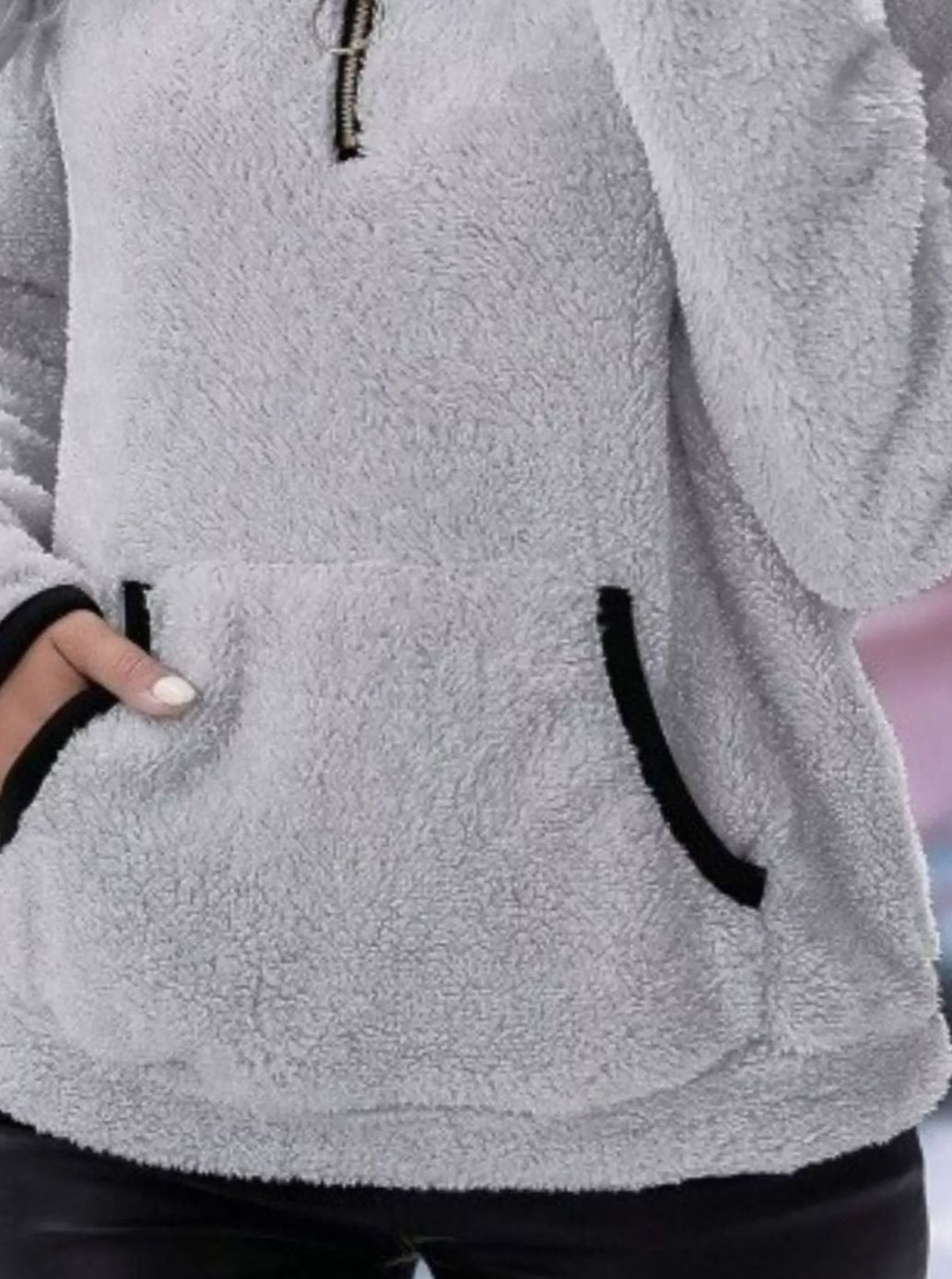 Women's Half-Zip Teddy Fleece Pullover Sweater Kangaroo Pocket