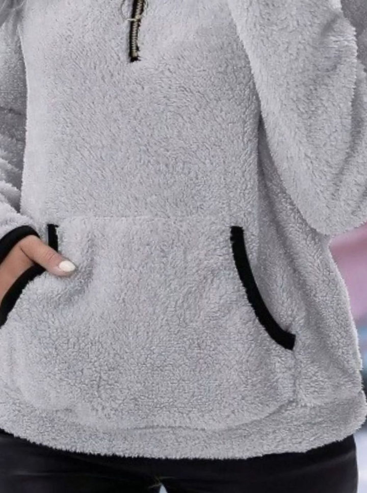 Women's Half-Zip Teddy Fleece Pullover Sweater Kangaroo Pocket