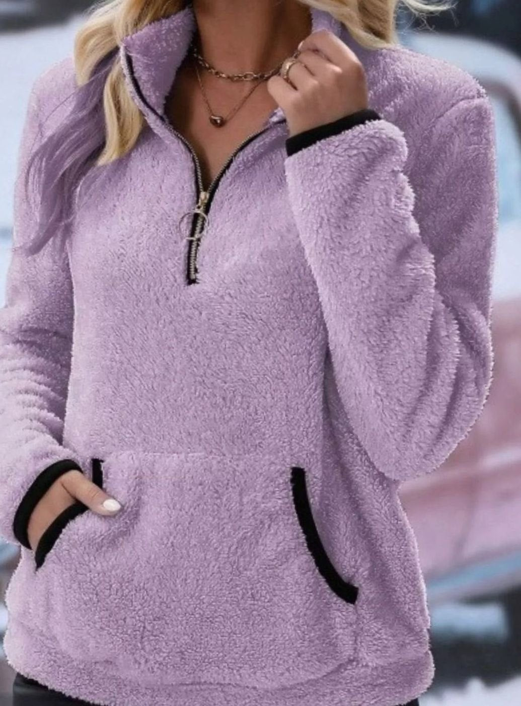 Women's Half-Zip Teddy Fleece Pullover Sweater Kangaroo Pocket - Purple
