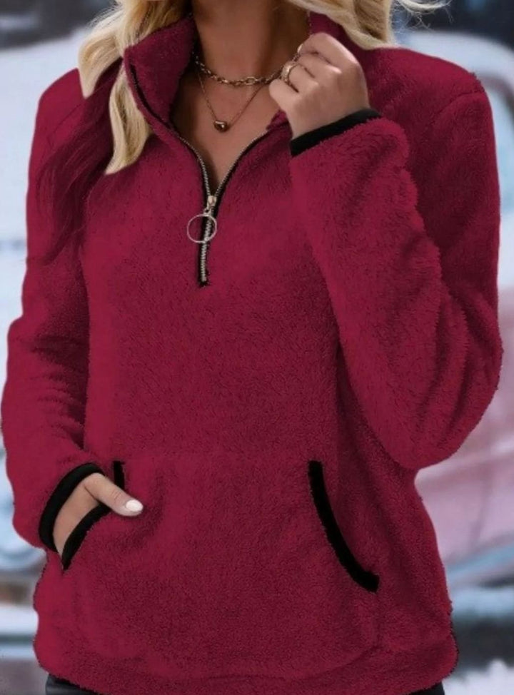 Women's Half-Zip Teddy Fleece Pullover Sweater Kangaroo Pocket - Wine Red