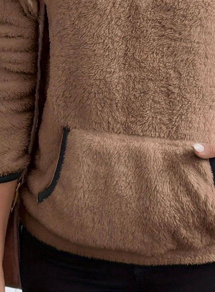 Women's Half-Zip Teddy Fleece Pullover Sweater Kangaroo Pocket