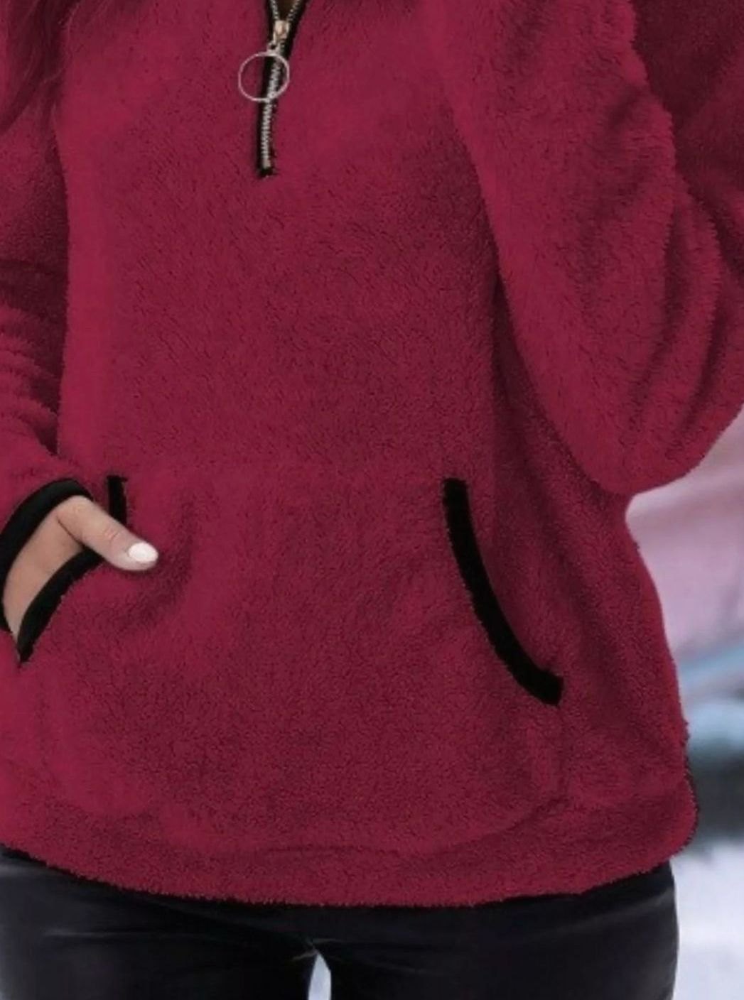 Women's Half-Zip Teddy Fleece Pullover Sweater Kangaroo Pocket