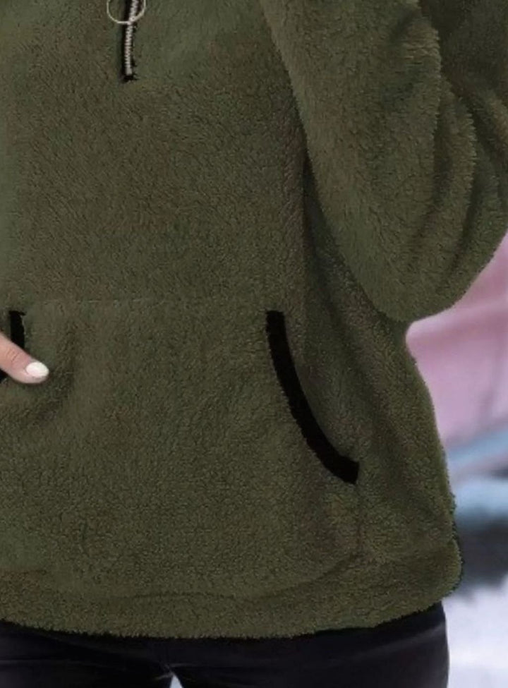 Women's Half-Zip Teddy Fleece Pullover Sweater Kangaroo Pocket
