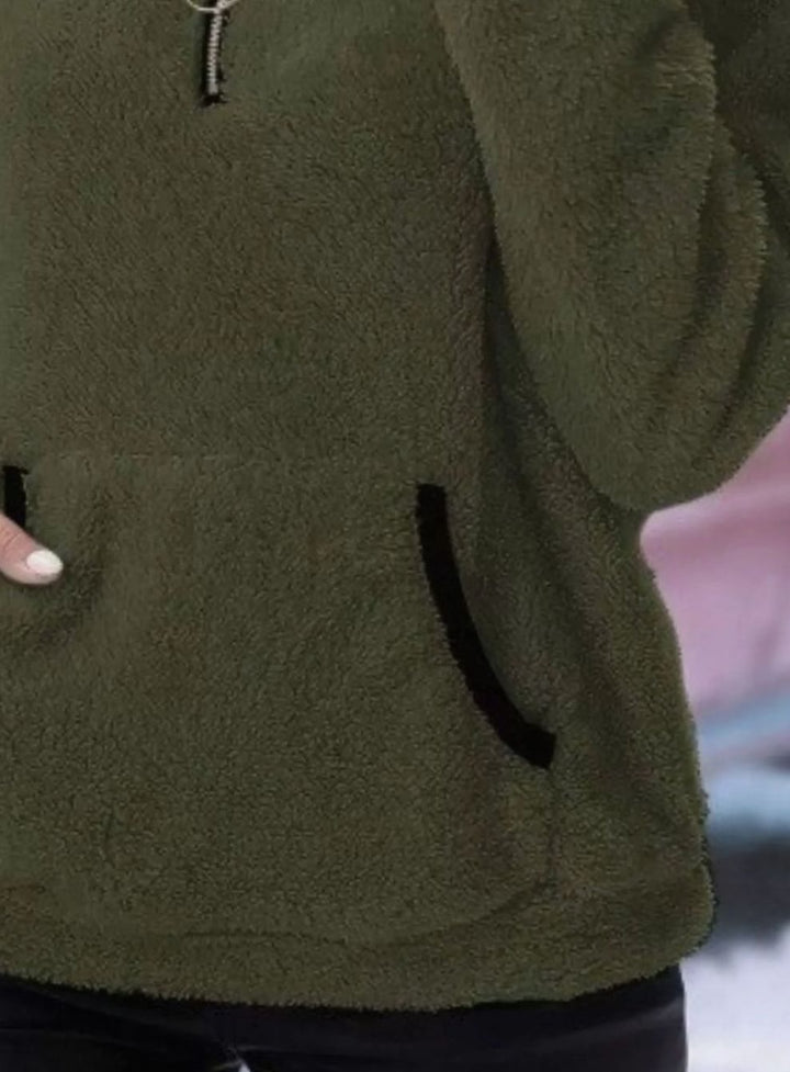 Women's Half-Zip Teddy Fleece Pullover Sweater Kangaroo Pocket