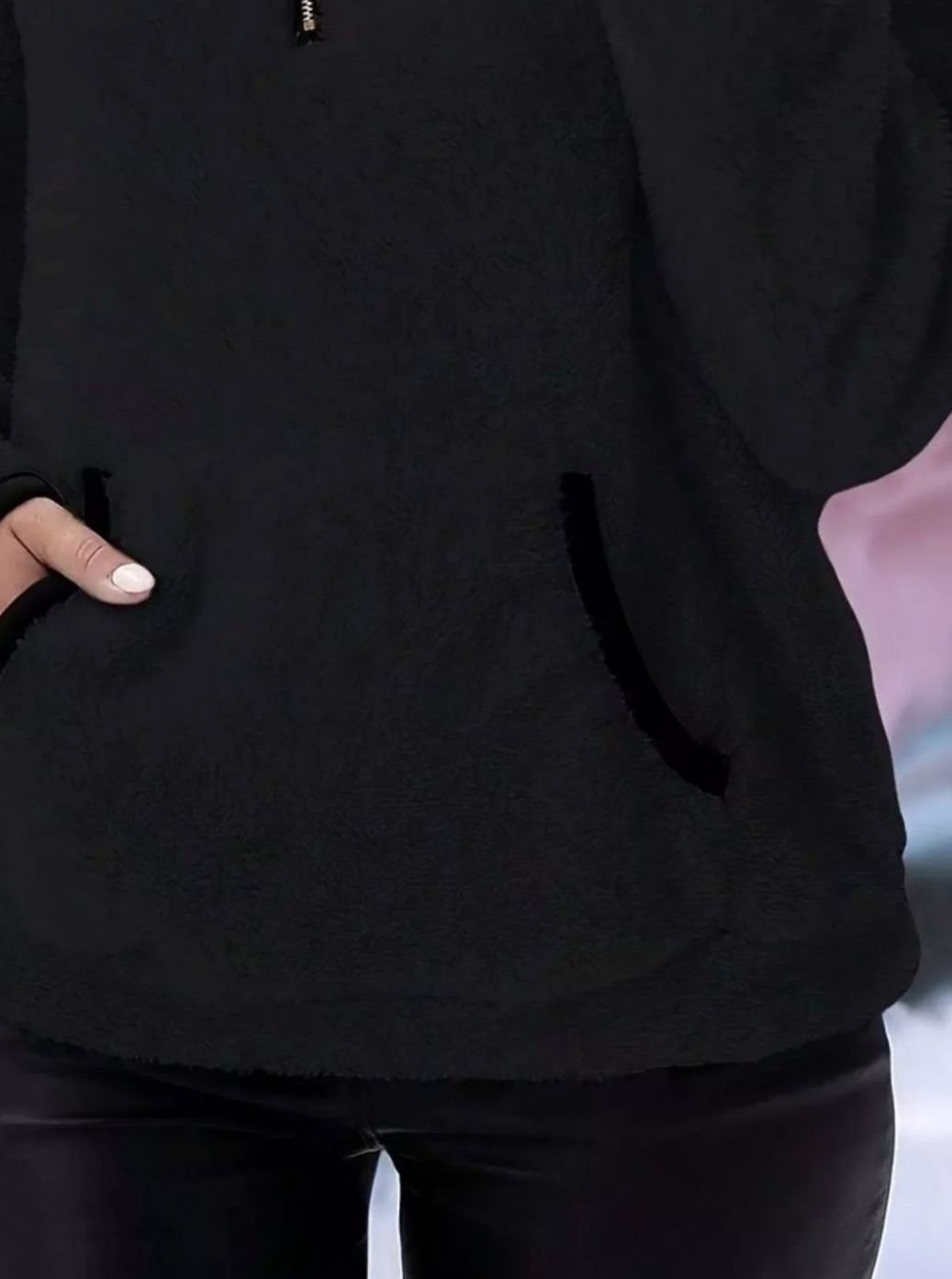 Women's Half-Zip Teddy Fleece Pullover Sweater Kangaroo Pocket