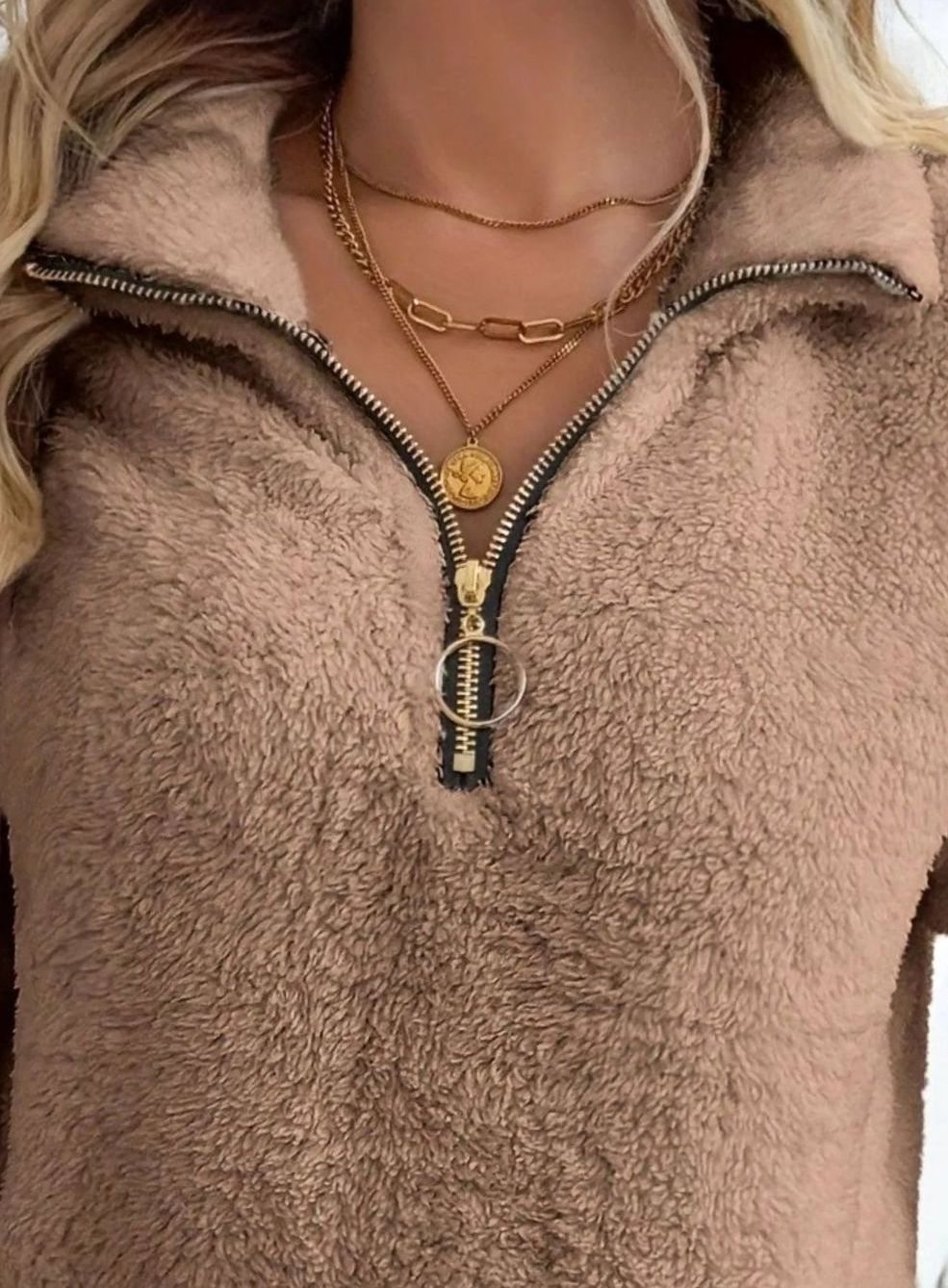 Women's Half-Zip Teddy Fleece Pullover Sweater Kangaroo Pocket