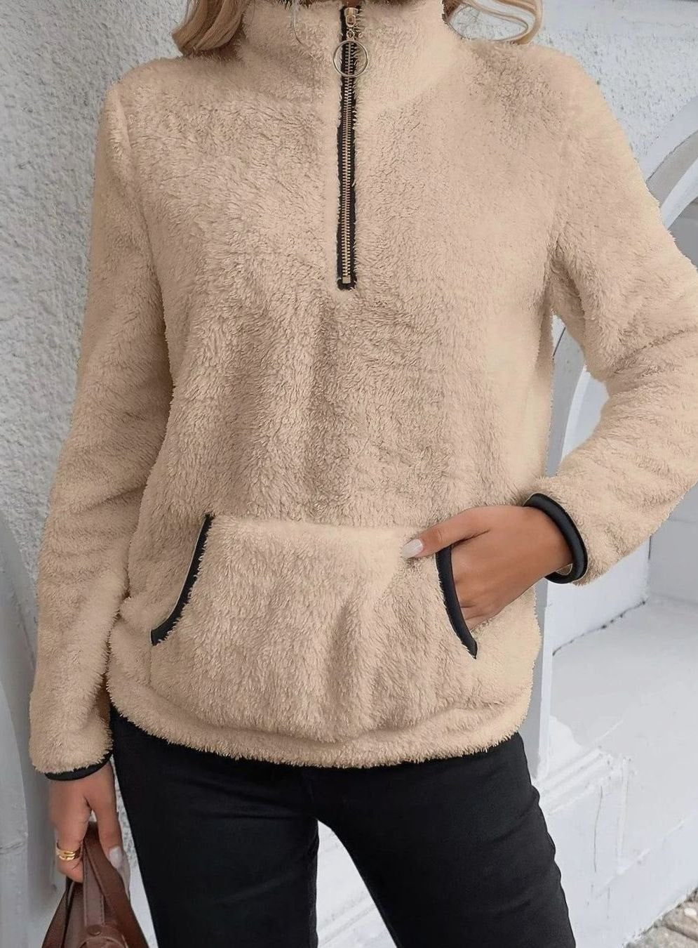 Women's Half-Zip Teddy Fleece Pullover Sweater Kangaroo Pocket - Khaki