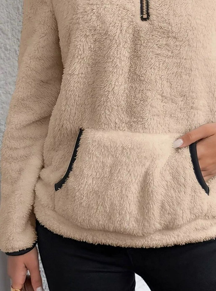 Women's Half-Zip Teddy Fleece Pullover Sweater Kangaroo Pocket