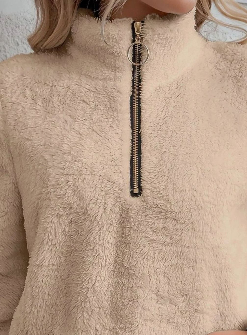 Women's Half-Zip Teddy Fleece Pullover Sweater Kangaroo Pocket