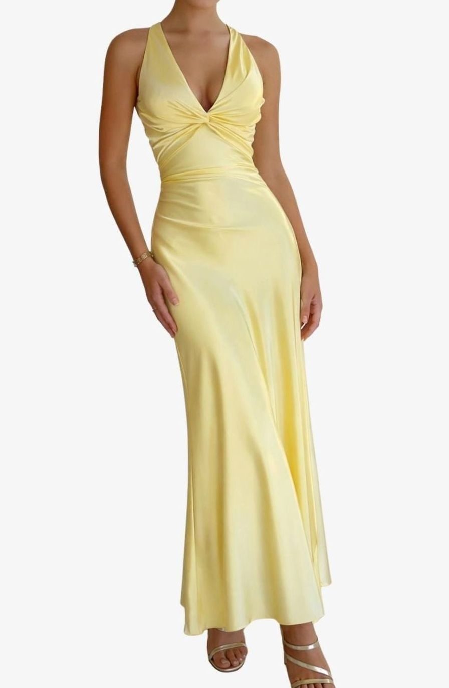 Women's Halter V-Neck Ruched Satin Backless Maxi Dress