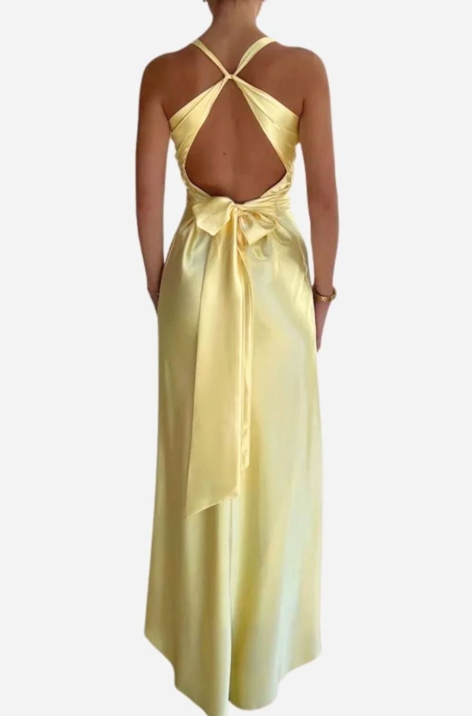 Women's Halter V-Neck Ruched Satin Backless Maxi Dress