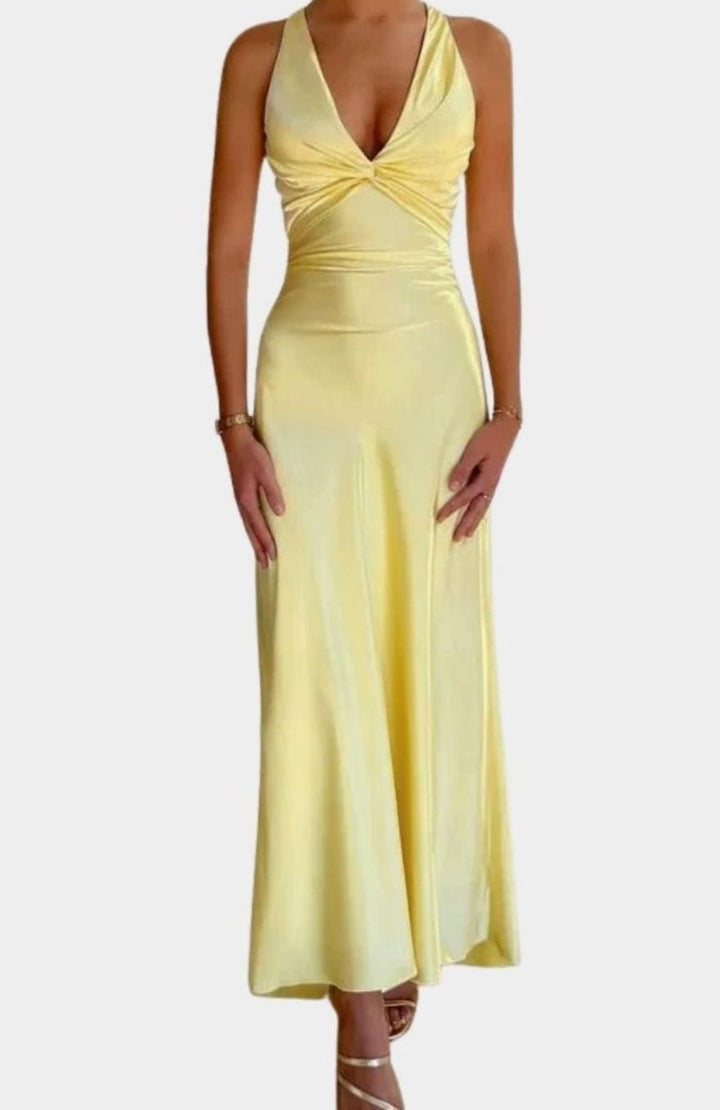 Women's Halter V-Neck Ruched Satin Backless Maxi Dress