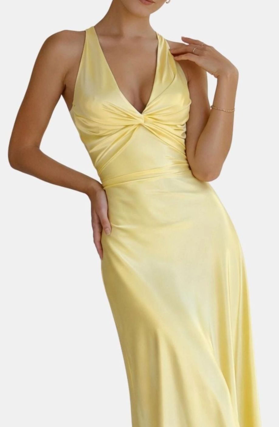 Women's Halter V-Neck Ruched Satin Backless Maxi Dress