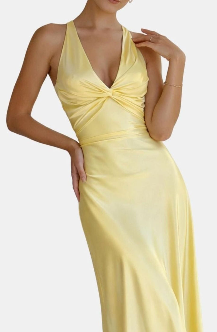 Women's Halter V-Neck Ruched Satin Backless Maxi Dress