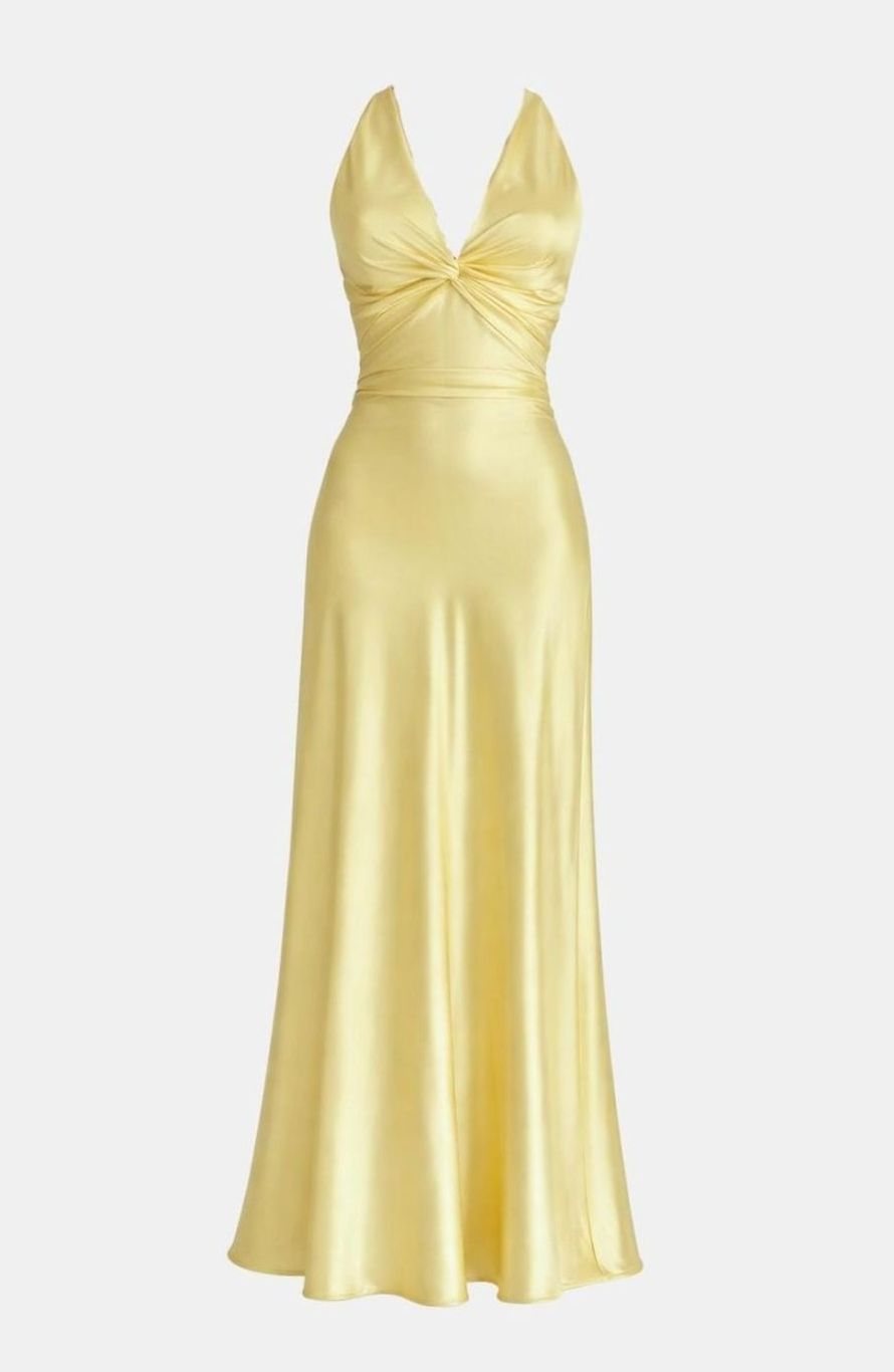 Women's Halter V-Neck Ruched Satin Backless Maxi Dress - Yellow