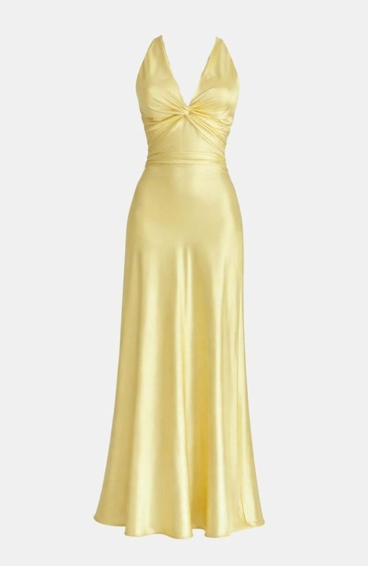 Women's Halter V-Neck Ruched Satin Backless Maxi Dress - Yellow