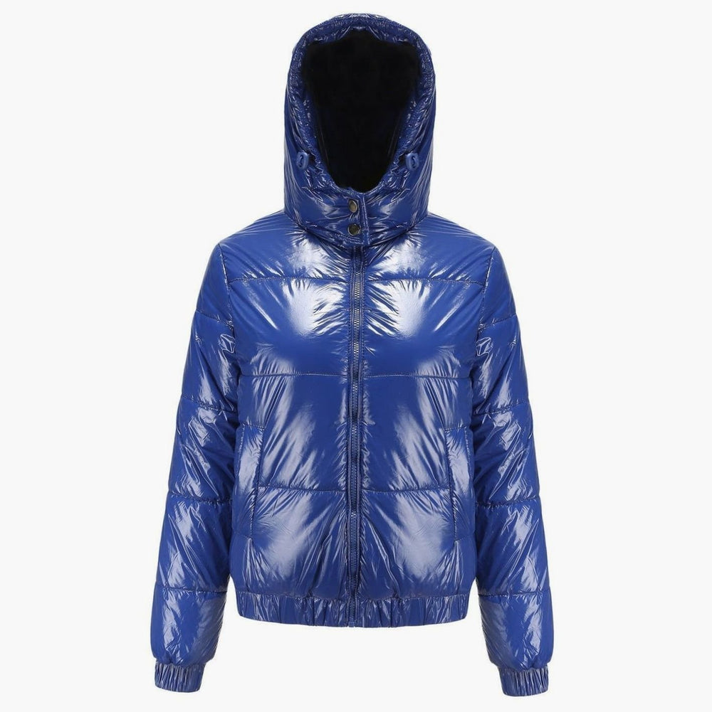 Women's High-Gloss Hooded Down Puffer Jacket - Blue
