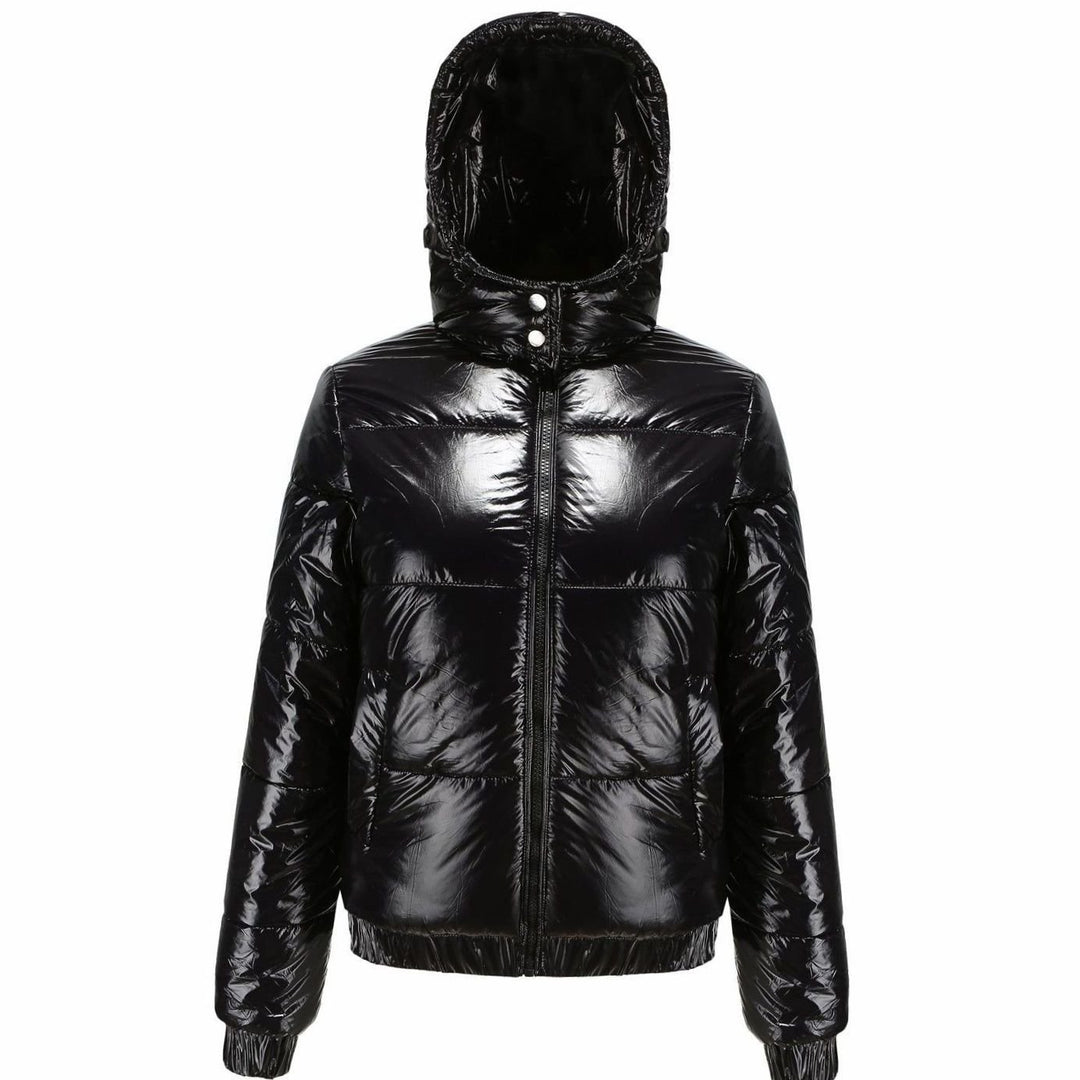 Women's High-Gloss Hooded Down Puffer Jacket - Black