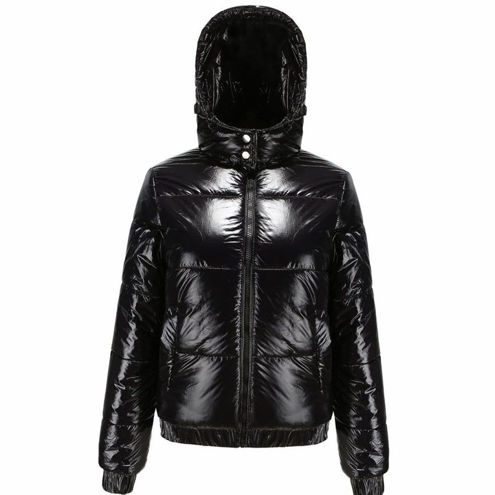 Women's High-Gloss Hooded Down Puffer Jacket - Black