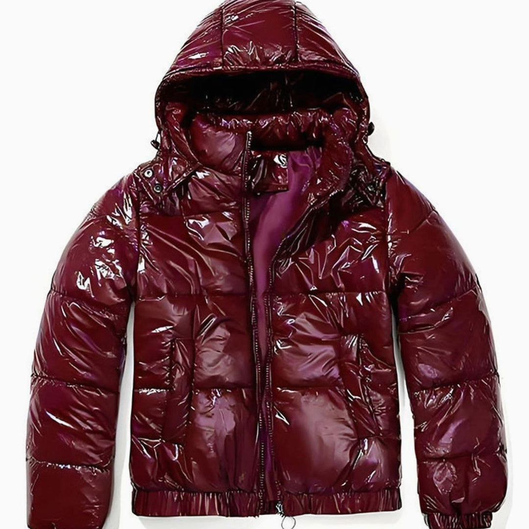 Women's High-Gloss Hooded Down Puffer Jacket - Burgundy
