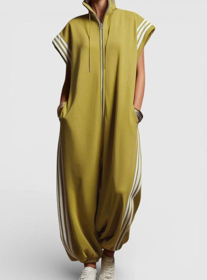 Women's High Neck Zip Sleeveless Striped Jumpsuit - Yellow