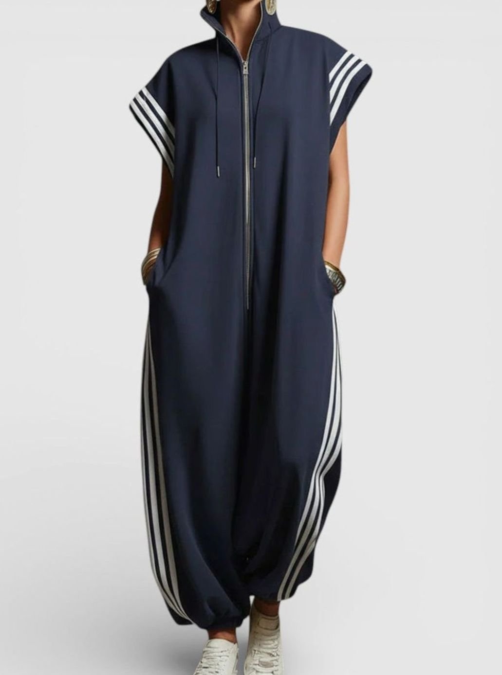 Women's High Neck Zip Sleeveless Striped Jumpsuit - Navy Blue