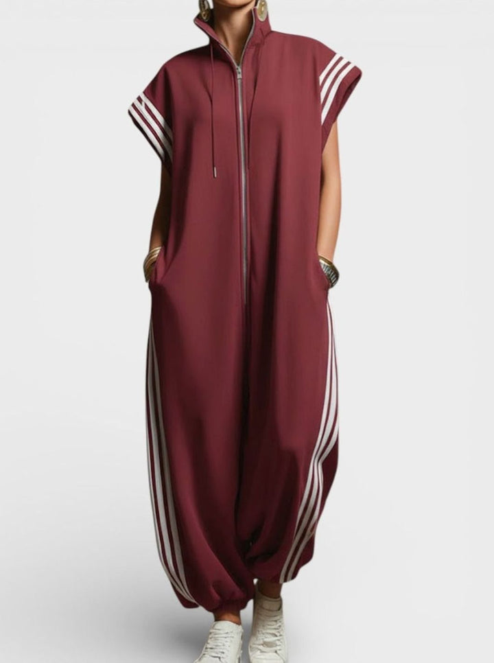 Women's High Neck Zip Sleeveless Striped Jumpsuit - Burgundy