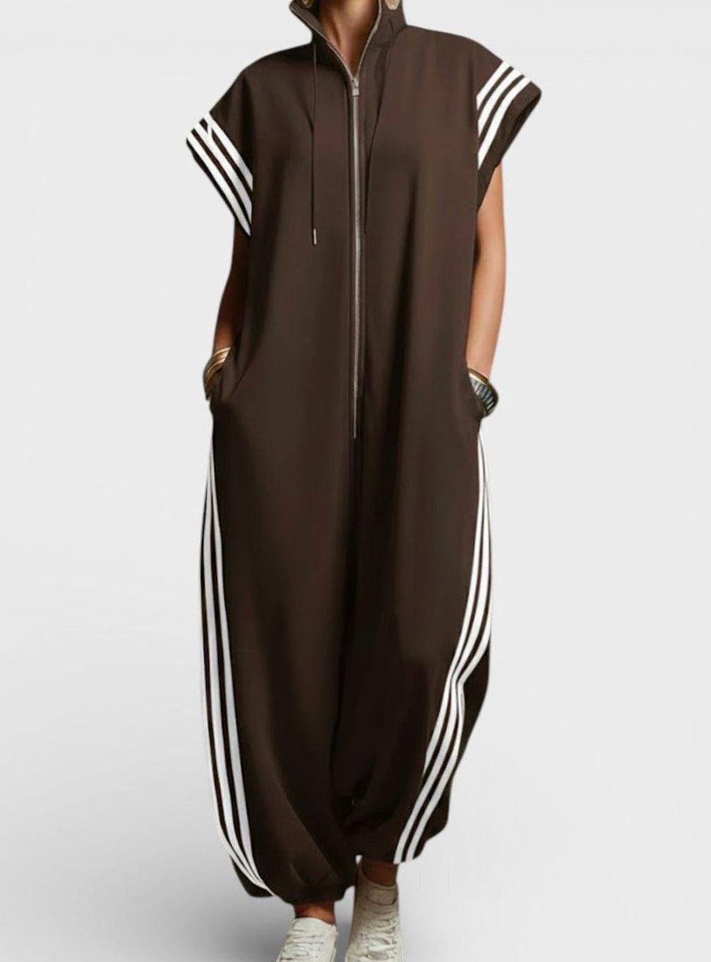 Women's High Neck Zip Sleeveless Striped Jumpsuit - Brown