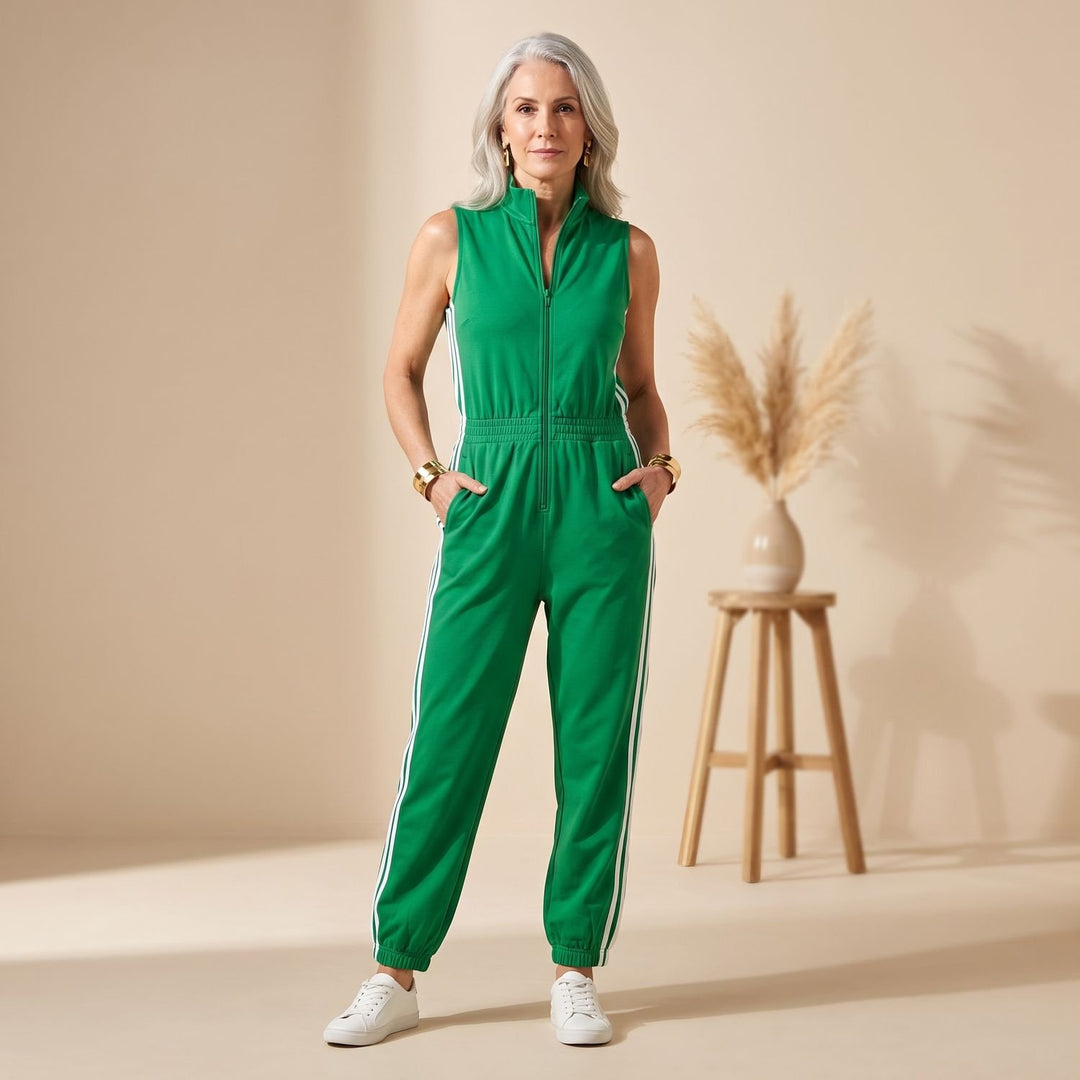 Women's High Neck Zip Sleeveless Striped Jumpsuit - Green