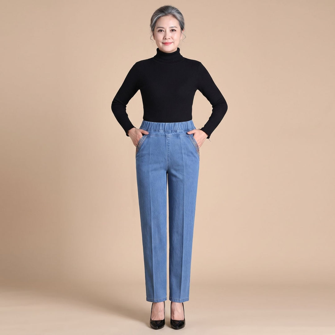 Women's High-Waist Elastic Waistband Straight-Leg Denim Jeans - Light Blue