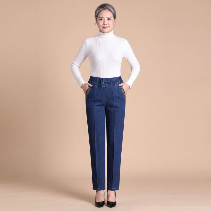 Women's High-Waist Elastic Waistband Straight-Leg Denim Jeans - Dark Blue