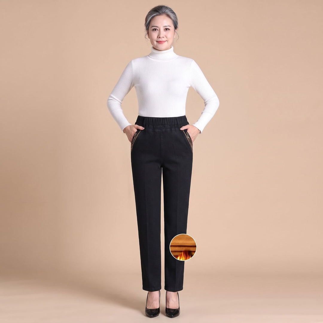 Women's High-Waist Elastic Waistband Straight-Leg Denim Jeans - Black (Lined)