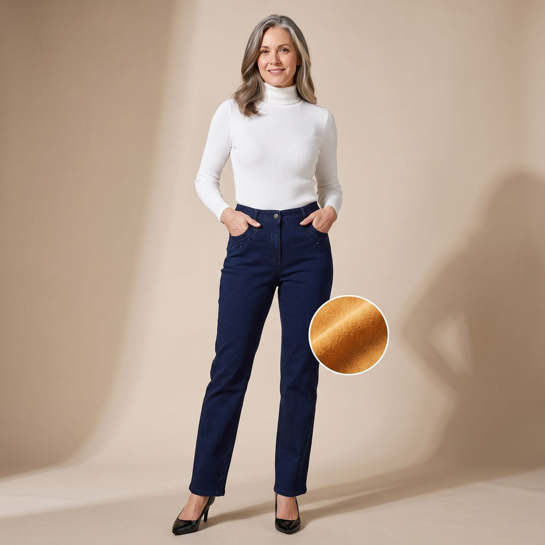 Women's High-Waist Elastic Waistband Straight-Leg Denim Jeans - Dark Blue (Lined)