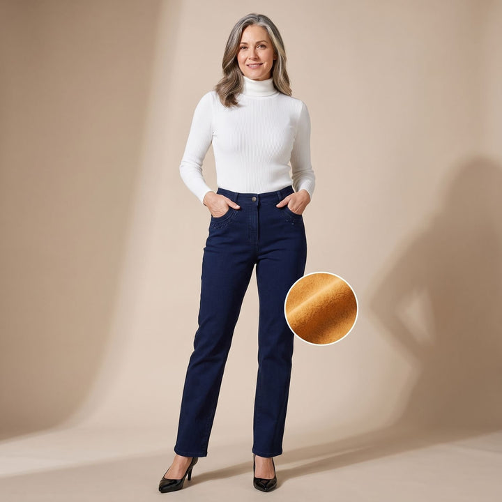 Women's High-Waist Elastic Waistband Straight-Leg Denim Jeans - Dark Blue (Lined)