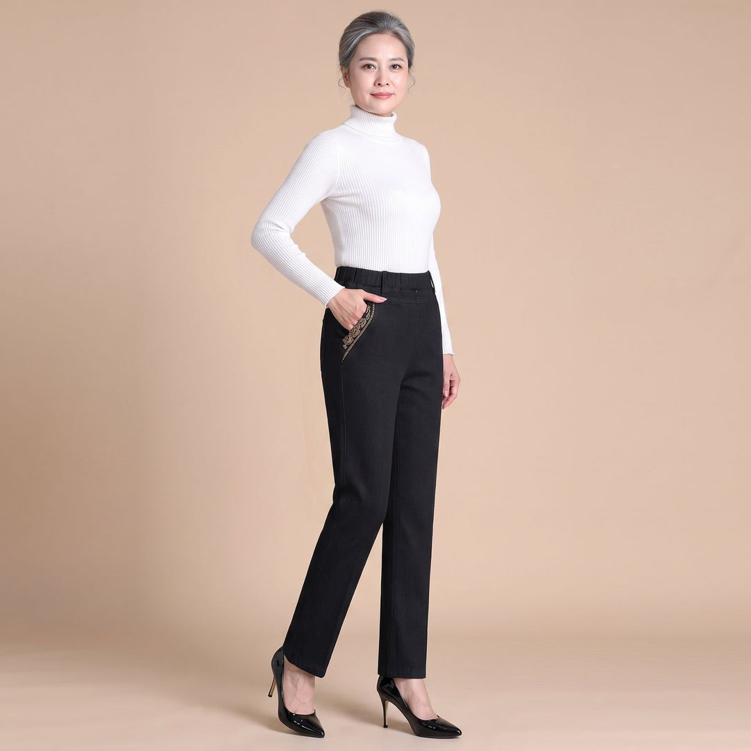 Women's High-Waist Elastic Waistband Straight-Leg Denim Jeans