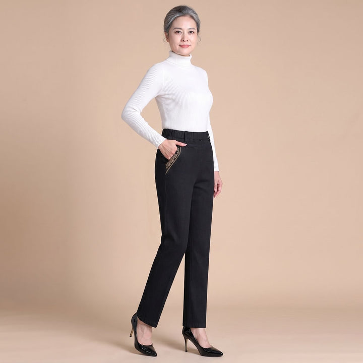Women's High-Waist Elastic Waistband Straight-Leg Denim Jeans