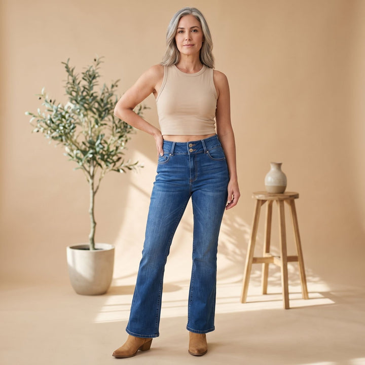 Women's High-Waist Flared Bootcut Stretch Jeans - Dark Blue