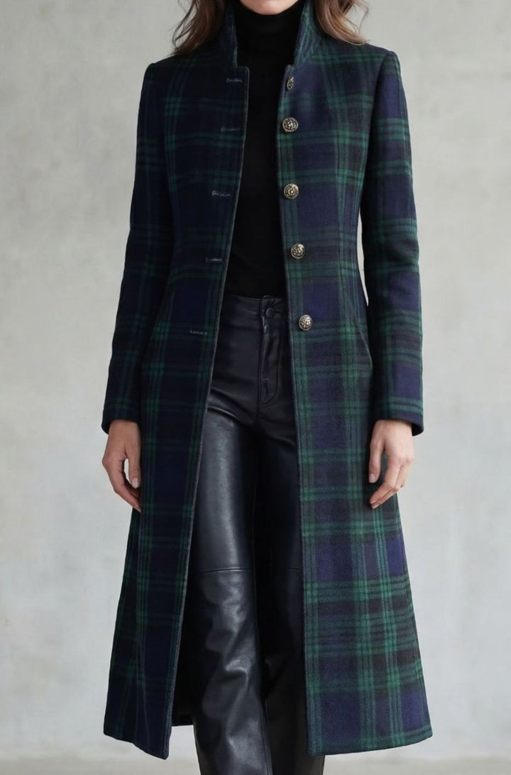 Women's Highland Plaid Wool Blend Long Button-Up Coat - Blackwatch Tartan