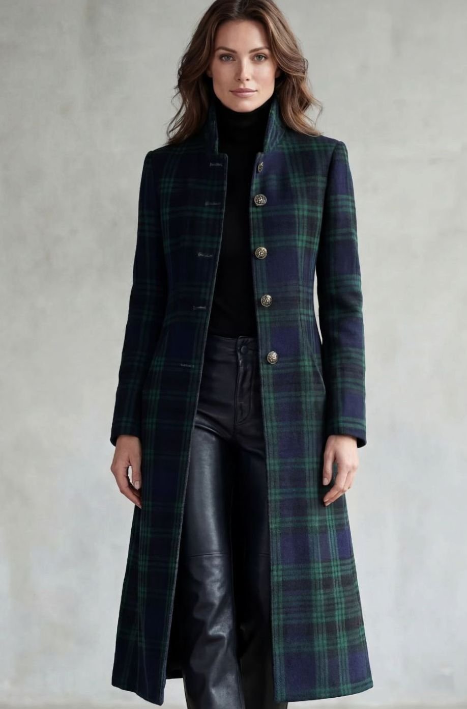 Women's Highland Plaid Wool Blend Long Button-Up Coat