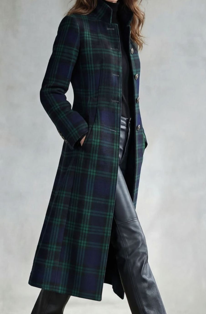 Women's Highland Plaid Wool Blend Long Button-Up Coat