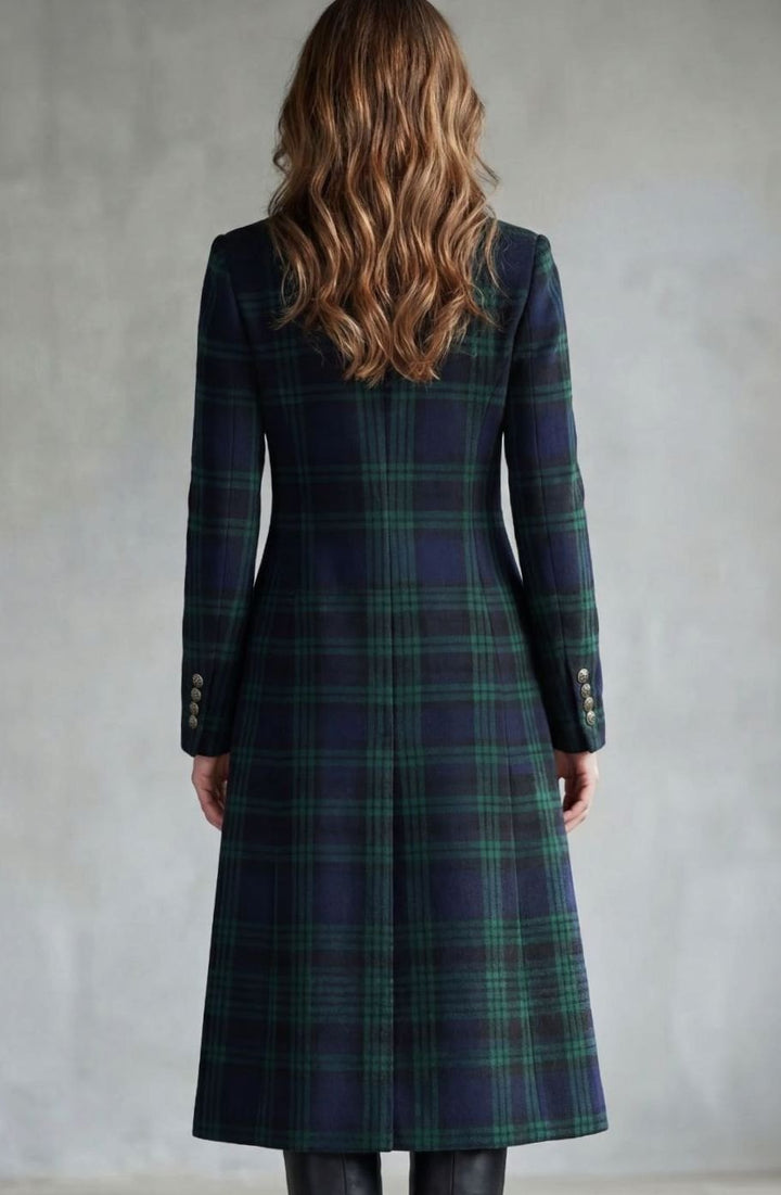 Women's Highland Plaid Wool Blend Long Button-Up Coat