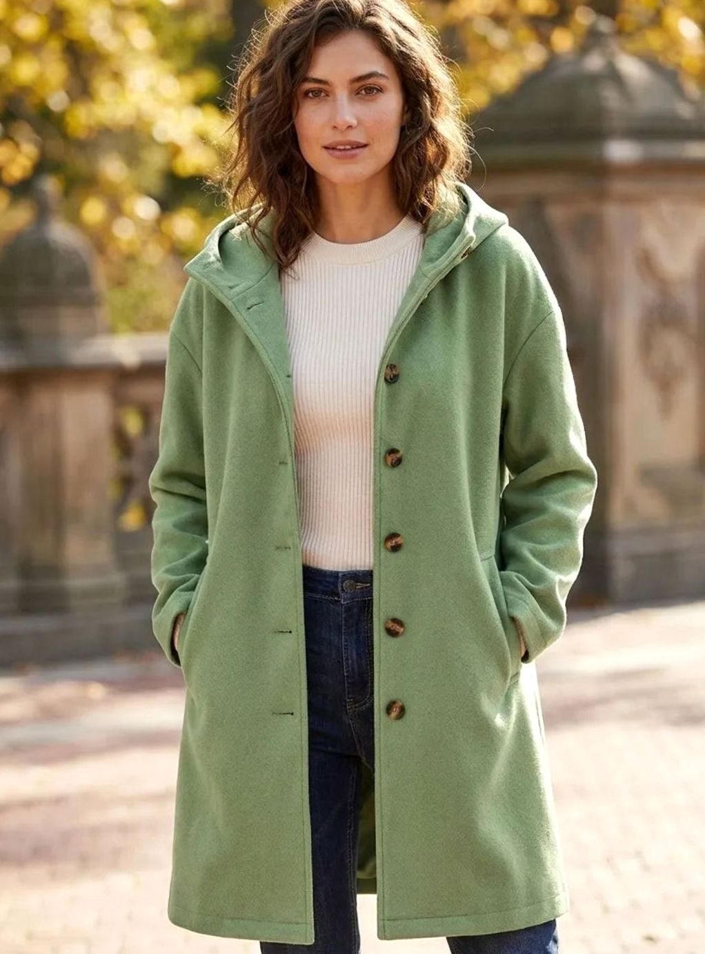 Women's Hooded Button-Front Fleece Coat Regular Fit - Dark Green