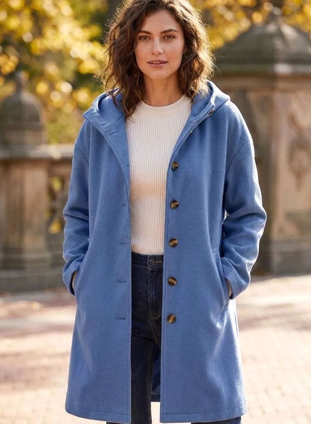 Women's Hooded Button-Front Fleece Coat Regular Fit - Blue