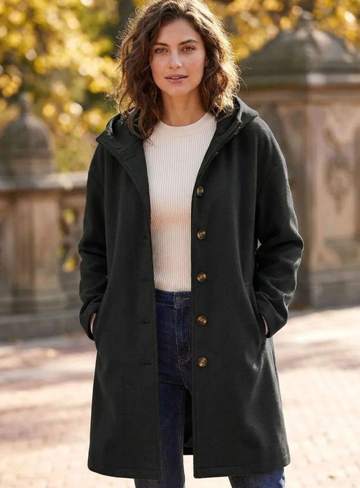 Women's Hooded Button-Front Fleece Coat Regular Fit - Black