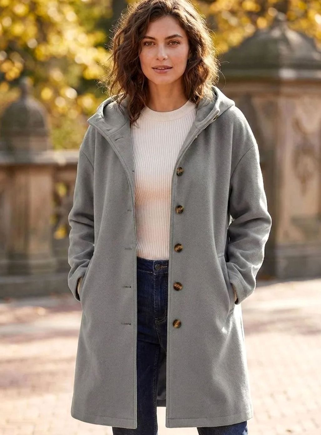 Women's Hooded Button-Front Fleece Coat Regular Fit - Gray