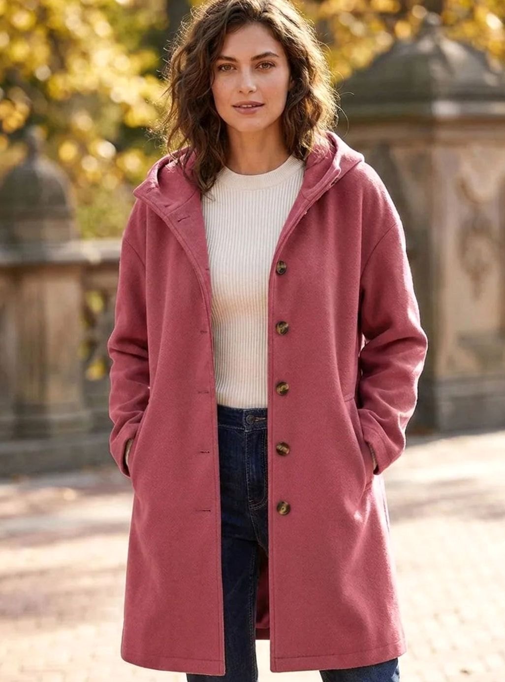 Women's Hooded Button-Front Fleece Coat Regular Fit - Pink