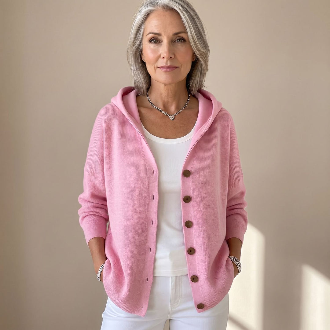 Women's Hooded Button-Front Knit Cardigan Sweater - Pink