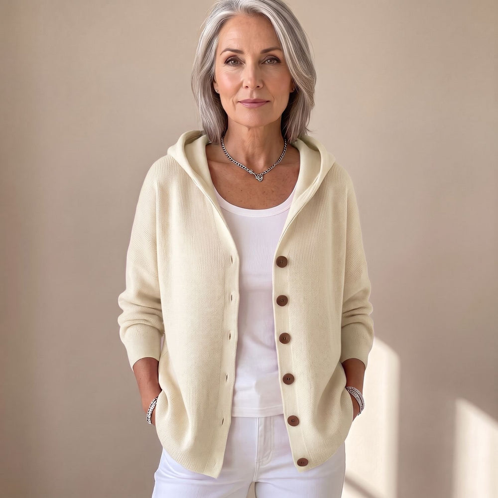 Women's Hooded Button-Front Knit Cardigan Sweater - Beige
