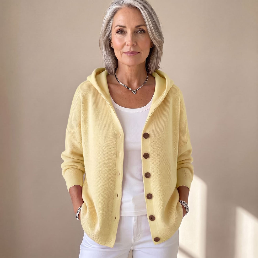 Women's Hooded Button-Front Knit Cardigan Sweater - Yellow