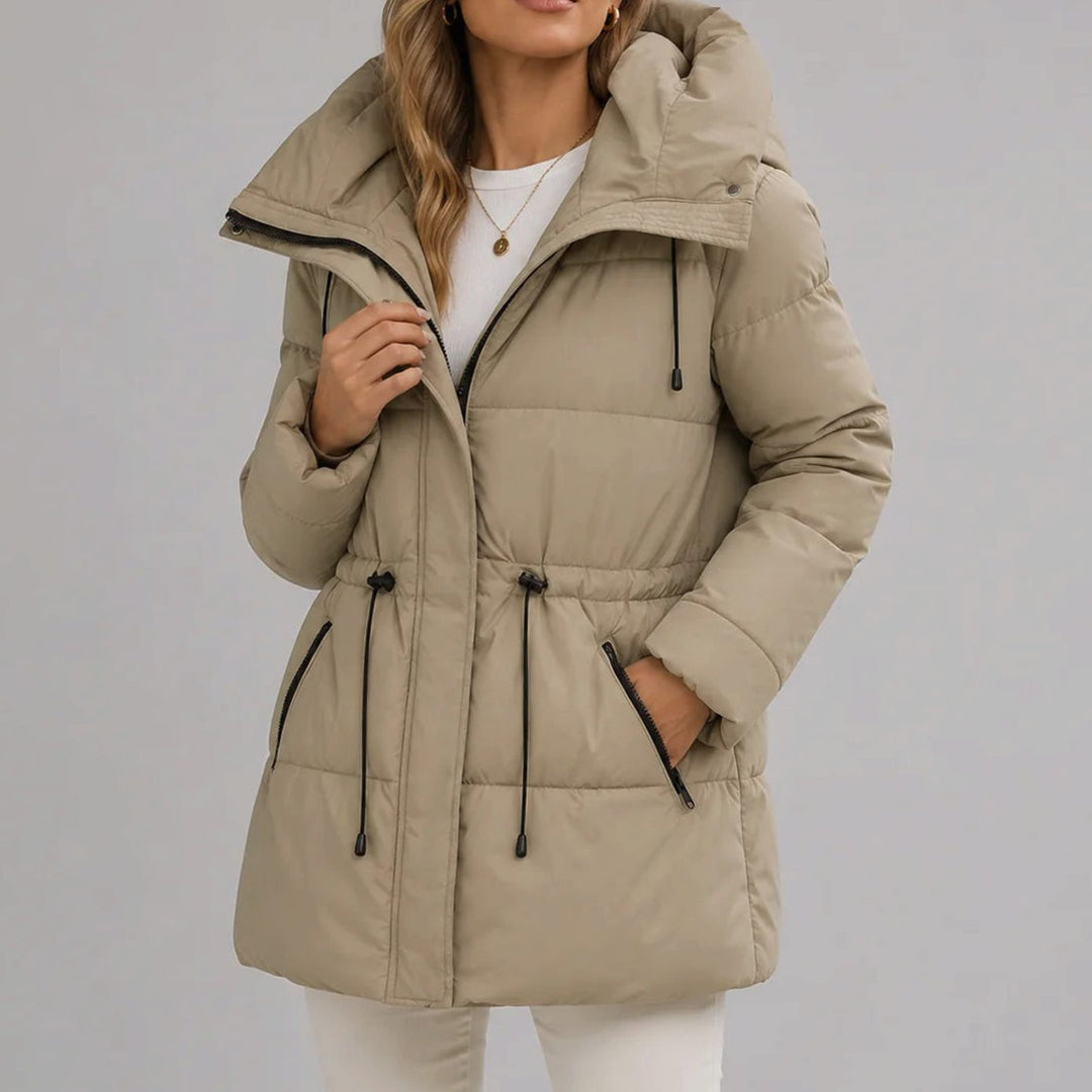 Women's Hooded Drawstring-Waist Quilted Puffer Jacket - Beige